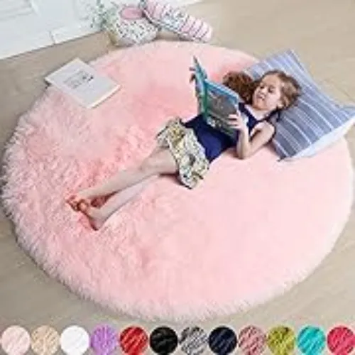 Amdrebio Pink Round Area Rugs for Girls Room, 7x7 Rug, Large Cute Circle Rug for Bedroom, Big Indoor Furry Carpet for Living Room, Kawaii Shaggy Plush Rugs for Kids Room, Baby Nursery Theme Rug