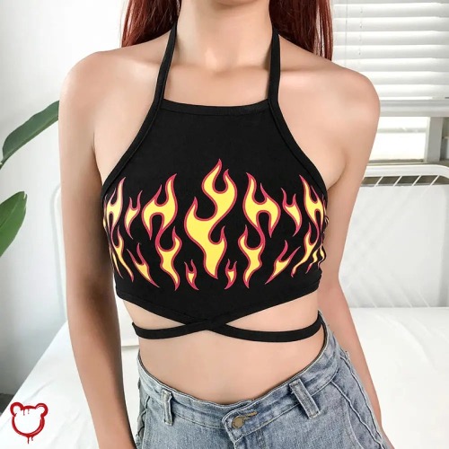 Black Flame Crop Top - black / L