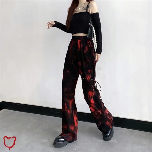 Black Crimson Distressed Tie Dye Trousers - Black and red / L