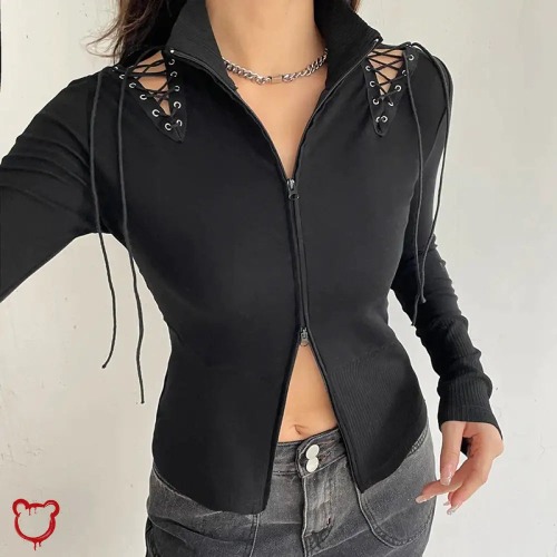 Gothic Lace-Up Sleeveless Sweater - Black / L