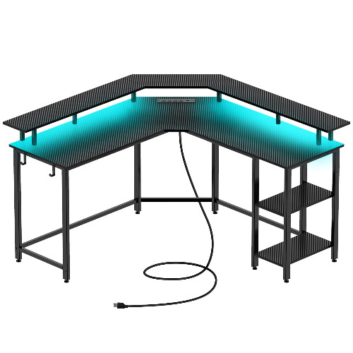 Rolanstar Computer Desk with Power Outlets USB Ports & LED Strip, Reversible L Shaped Desk with Monitor Stand & Storage Shelf, Carbon Fiber Surface, L Shaped Gaming Computer Desk with Hooks - Black