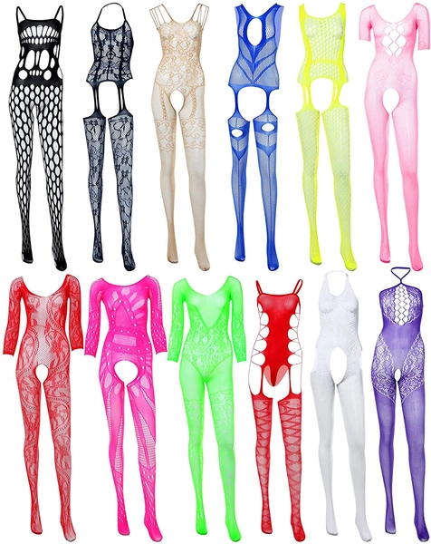 12 Pieces Women's Fishnet Lingerie Mesh Babydoll Bodysuit Lace Smock Lingerie for Women