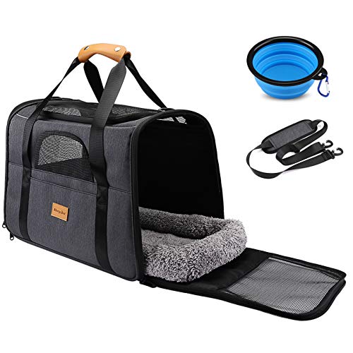 Morpilot Pet Carrier Bag, Portable Cat Carrier Bag Top Opening, Removable Mat and Breathable Mesh, Foldable Cat Carrier Transport Bag for Dogs and Cats, with Shoulder Strap and Pet Bowl Grey - 47 cm L x 32 cm W x 36 cm H - Grey