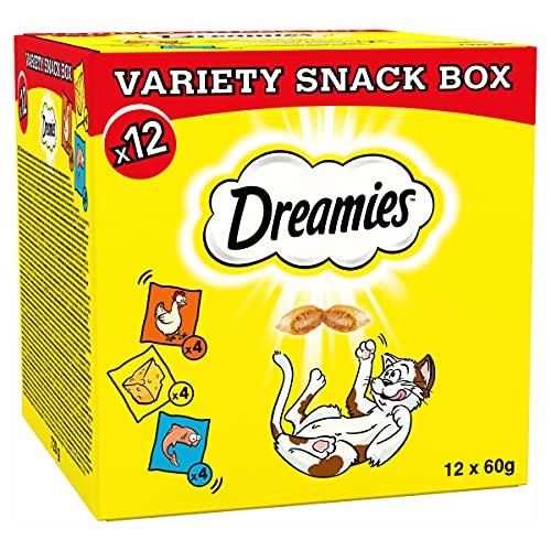 Dreamies Variety Snack Box , 60 g Pouches, Cat Treats Tasty Snacks with Delicious Chicken, Salmon and Cheese Flavours, (12x60g)) - Variety Box - 60 g (Pack of 12)