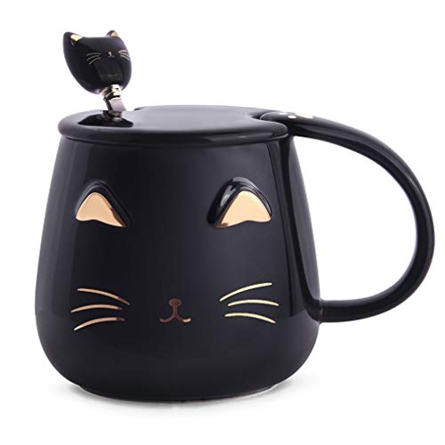 Angelice Home Black Cat Mug, Cute Kitty Ceramic Coffee Mug with Stainless Steel Spoon, Novelty Coffee Mug Cup for Cat Lovers Women Girls - Black