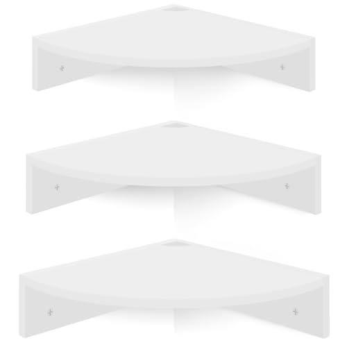 Homode Floating Corner Shelves, Set of 3 Wood Corner Wall Shelves with Wire Hole, 12 Inch Deep Hanging Corner Display Shelf for Living Room, Kitchen, Bedroom, White - White
