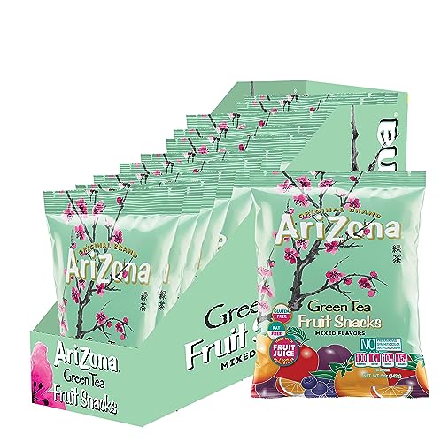 AriZona Green Tea Fruit Snacks, Gluten Free Mixed Fruit Gummy Chews 5 Ounce Individual Single Serve Bags, Green Tea,(Pack of 12) - Green Tea - 5 Ounce (Pack of 12)