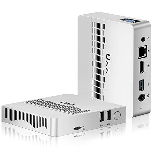 UXX Mini PC Support 512GB M.2 SSD, Intel Celeron N3350 (Up to 2.4GHz) Mini Computer, 6GB RAM/64GB Micro PC HDMI/VGA Dual Display,Mini Desktop Computer WiFi5/BT/VESA/Mouse,for Business,Home,Office - 6GB+64GB N3350 - W10-Silver with mouse