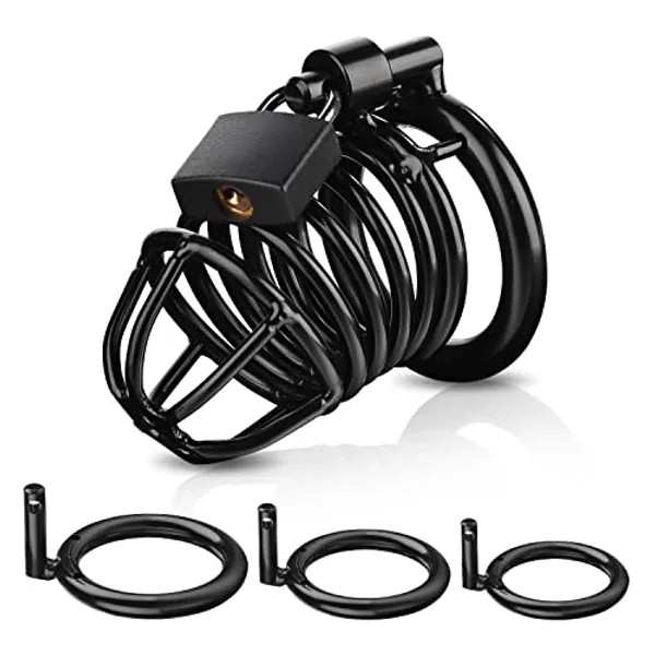 Male Cock Cage Chastity Device - UTIMI Iron Chastity Cock Cage Device with 3 Active Sizes Rings Adult Sex Toy for Men Penis Exercise | 2 Keys and Invisible Lock Included | Small Size(Black)