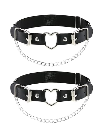 Pretishows Women Thigh Garter Belt Gothic Leg Harness Heart with Chains Adjustable Elastic Belt 2PCS - Black