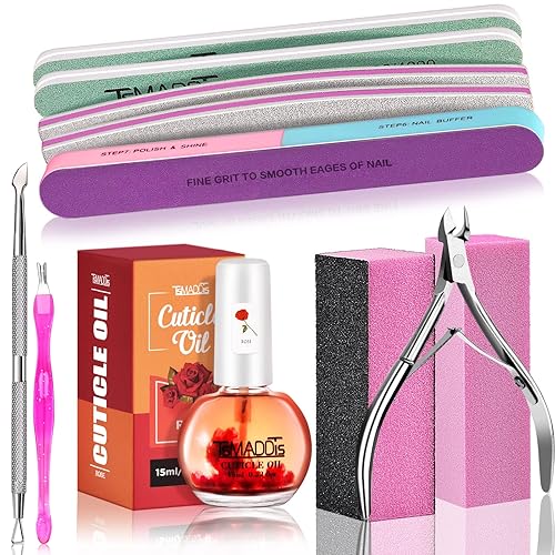 TsMADDTs Manicure Tools Kit Nail Care Kit with 3PCS Files, 2PCS Buffer Blocks, 2PCS Polishing Buffers, Cuticle Nipper, Pusher and Cuticle Oil - Rose