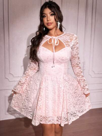 SHEIN Franclia Plus Size Elegant Solid Color Lace Hollow-Out Dress