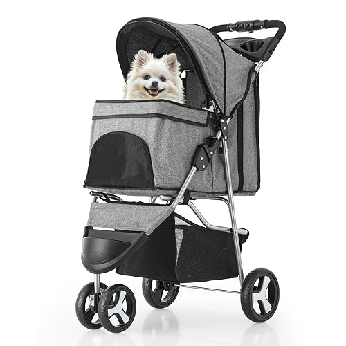 MoNiBloom 3 Wheels Pet Dog Cat Stroller for Small Medium Dogs and Cats, Lightweight Foldable Jogger Stroller w/Storage Basket and Cup Holder, Gray - Gray