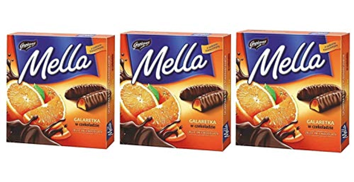 Jutrzenka MELLA Cocolate Coated Orange Jelly Pack of 3 x 6.7 oz. Product of Poland.