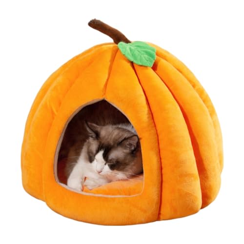 Cat Beds for Indoor Cats, Pumpkin Cat House,Cute Pumpkin Shape Cat Cave Bed Cat Tent with Removable Cushion, Warm Cave Nest Sleeping Bed Puppy House for Cats Small Dogs (Orange, 22 in) - 22 in - Orange
