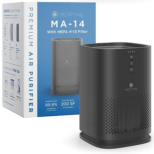 Medify Air MA-14 Air Purifier with H13 True HEPA Filter | 200 sq ft Coverage | for Allergens, Wildfire Smoke, Dust, Odors, Pollen, Pet Dander | Quiet 99.7% Removal to 0.1 Microns | Black, 1-Pack - Single - Black