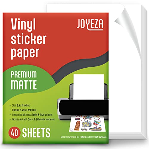 JOYEZA Premium Printable Vinyl Sticker Paper for Inkjet Printer - 40 Sheets Matte White Waterproof, Dries Quickly Vivid Colors, Holds Ink well- Tear Resistant - Inkjet & Laser Printer - 40 pack