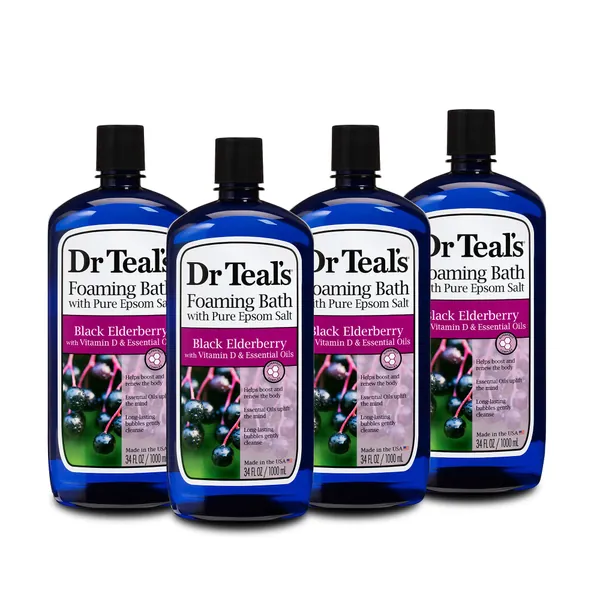 Dr Teal's Foaming Bath with Pure Epsom Salt, Black Elderberry with Vitamin D, 34 fl oz (Pack of 4) - Black Elderberry with Vitamin D, (Pack of 4)
