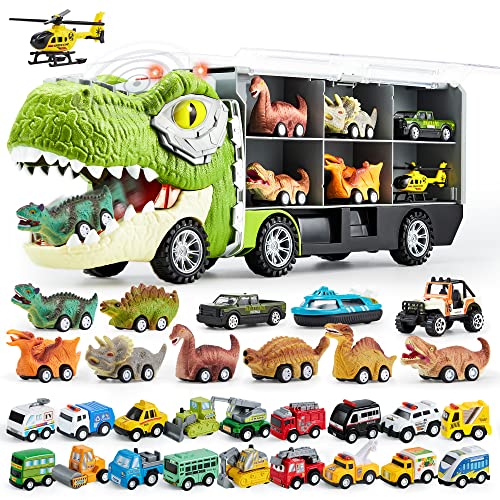 JOYIN 31PCS Dinasaur Toy Set, with 12 Pull Back Dinosaur Car Vehicles, 1 Toy Dinosaur Transport Carrier Truck with Music and Roaring Sound, 18 Piece Pull Back City Cars and Trucks Toy Vehicle