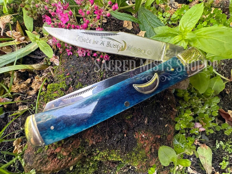 Midnight Sky Ritual Knife Folding Hybrid Athame and Boline with Blued Bone Handle for Altar Tool, Candle Inscription, Garden, Pocket Knife