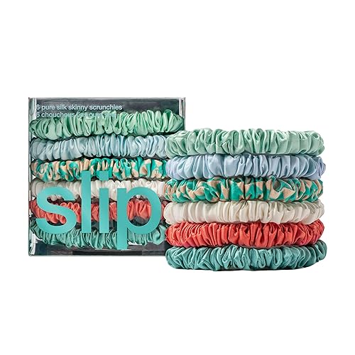 Slip Silk Skinny Scrunchies - Seabreeze - 100% 22 Momme Mulberry Silk Hair-Friendly Elastic Set (6 Luxurious Scrunchies for Women) - Seabreeze