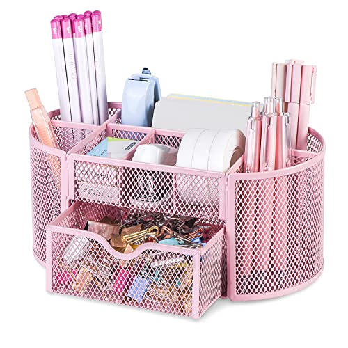 POPRUN Pink office desk supplies and accessories organizer,Cute Wire Pen organizer and pencil holder,Desktop organization with Drawer for Home&Dorm&Office Decor - Pink Organizer
