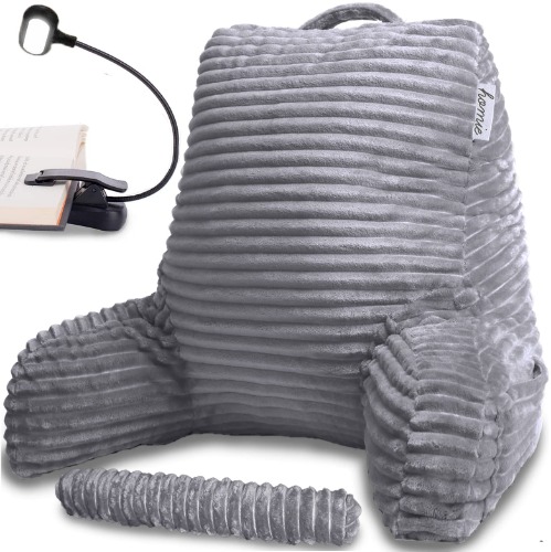 Homie Reading Bed Rest Pillow with Reading Light and Wrist Support, Has Arm Rests, and Back Support for Lounging, Reading, Working on Laptop, Watching TV (Gray) - Gray Medium