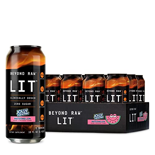 BEYOND RAW LIT On The Go | Ready to Drink Cans | Contains Caffeine, L-Citrulline, Beta-Alanine, and Nitric Oxide | Jolly Rancher Blue Raspberry | 12 Count - Watermelon Jolly Rancher