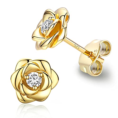 Gold Plated Sterling Silver Rose Flower Earring Studs, Hypoallergenic & Nickel Free Earrings for Women - Yellow gold plated silver
