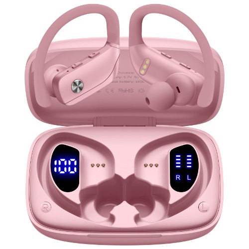 Wireless Earbuds Bluetooth Headphones 48hrs Play Back Sport Earphones with LED Display Over-Ear Buds with Earhooks Built-in Mic Headset for Workout Pink BMANI-VEAT00L - Pink