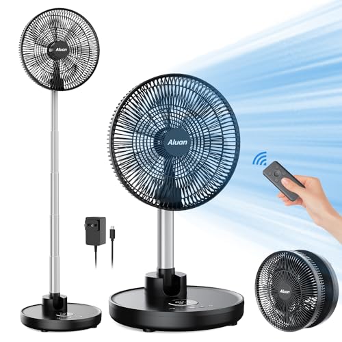 Aluan 12" Quiet Oscillating Fan with 12000mAh Rechargeable Battery, Foldaway Standing Fan/Table Fan with Remote Control, 6 Speeds Portable Pedestal Fan with Adjustable Height for Home Bedroom Travel - Black