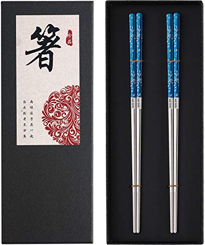 Titanium Plated Chopstick Stainless Steel Chopsticks Metal Chopsticks Reusable Dishwasher safe Premium Laser Engraved Chop Sticks for Eating 2 Pairs Gift Set Blue Silver - Blue silver