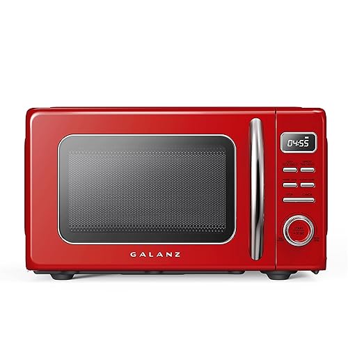 Galanz GLCMKZ07RDR07 Retro Countertop Microwave Oven with Auto Cook & Reheat, Defrost, Quick Start Functions, Easy Clean with Glass Turntable, Pull Handle.7 cu ft, Red - Red - .7 cu ft - Modern - Microwave Oven