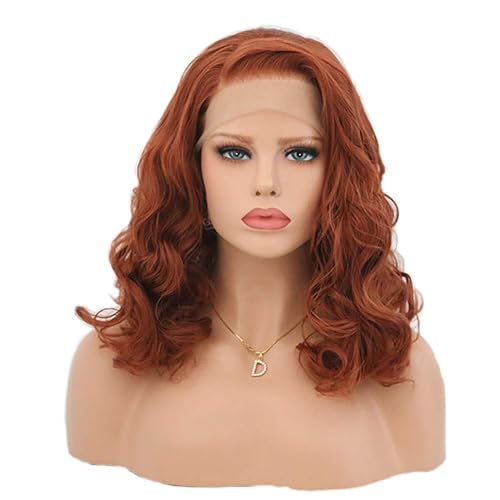 MARBER Red Curly Lace Wigs Short Wavy Lace Front Wigs Copper Red Synthetic Wig For Women Shoulder Length 14 inch