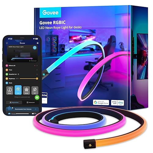 Govee RGBIC Gaming Lights, 3M Neon Rope Lights Soft Lighting for Gaming Desk, LED Strip Lights Syncing with Razer Chroma, Smart App Control, Support Cutting, Music Sync, Adapter (Only 2.4G Wi-Fi) - 3M