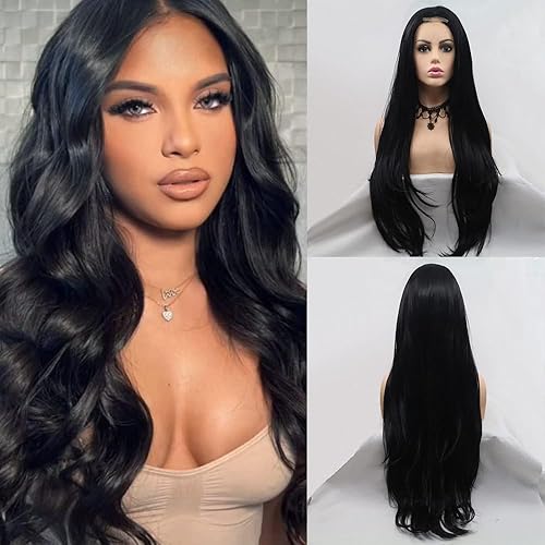 Black Wig for Women, 26 Inch Super Soft Long Black Wavy Wigs, Natural Looking Black Hair Wig, Heat Resistant Synthetic Wig, Middle Part Black Curly Hair - black