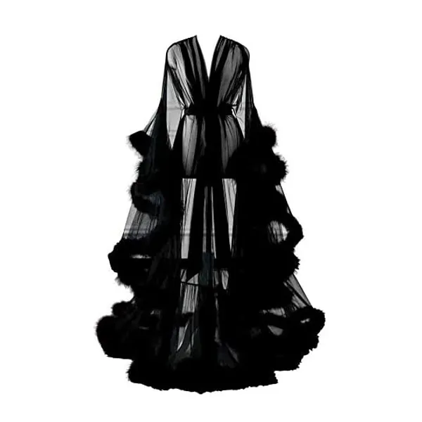 
                            Changuan Sexy Illusion Long Lingerie Robe Nightgown Bathrobe Sleepwear Feather Bridal Robe Wedding Scarf
                        
