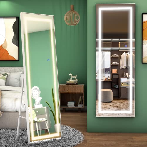 FENNIO Full Length Mirror with Lights 63"x16", LED Full Body Mirror, Free Standing Lighted Floor Mirror, Wall Mounted Hanging Mirror with Light for Bedroom, Aluminum Frame, Dimming & 3 Color Lighting - White-16in (Led) - 63"X16"