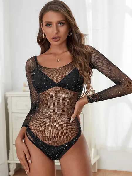 Rhinestone Studded Fishnet Teddy Bodysuit Without Liner