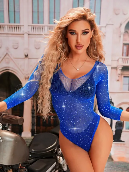 SHEIN Rhinestone Fishnet Teddy Bodysuit Without Liner