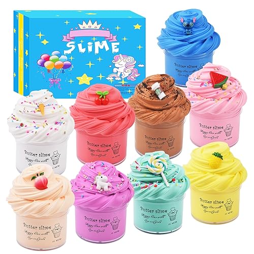 WUHUANIU 9 Pack Scented Butter Slime Kit,Ideal Slimes Bulk for Kids,Super Soft and Non Sticky DIY Slime Surprise Toy,with Charm Unicorn,Cherry,Ice Cream,Cake,Watermelon,Latte and More - 9 Pack-1