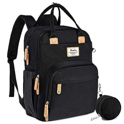 RUVALINO Diaper Bag Backpack, Multifunction Travel Back Pack Maternity Baby Changing Bags, Large Capacity, Waterproof and Stylish, Black - Black