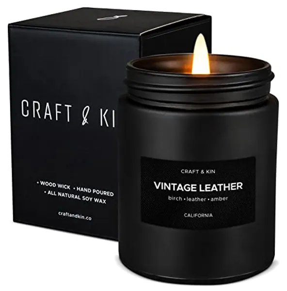 Craft & Kin Vintage Leather Candle | Scented Candle for Home | Masculine Candle | Black Candles | Wood Wicked Candles | Aromatherapy Candle | Long Lasting Fragrance with 45 Hour Burn Time - 7.6oz