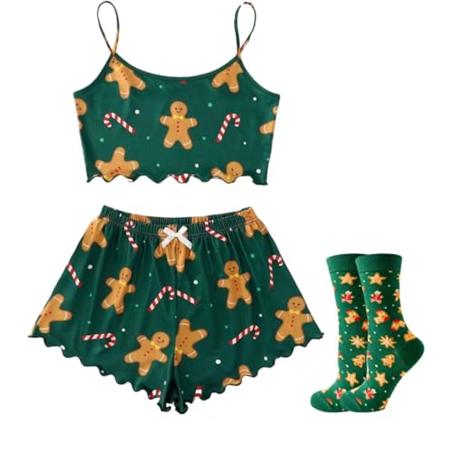 YOKVAN Cute Pj Sets Pajamas Camisole Shorts Set Women Lounge Lingerie Cami Crop Tank Top 2 Piece - Medium - 3# Socks Christmas Ginger Bread