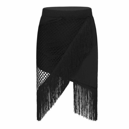 'Temptress' Black fringe tassle fishnet skirt - Black / S