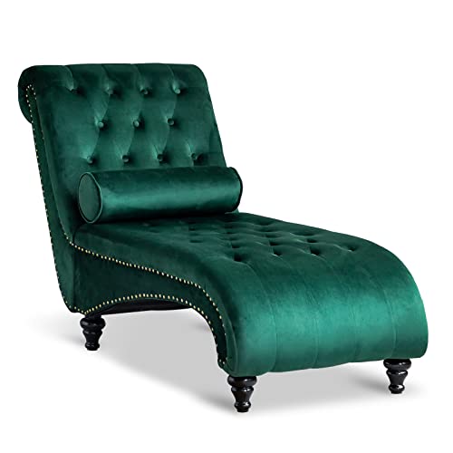 Paddie Velvet Button-Tufted Chaise Lounge Chair Leisure Sofa Chaise Chair w/Bolster Pillow, Nailhead Trim and Turned Legs for Indoor Living Room (Green) - Green