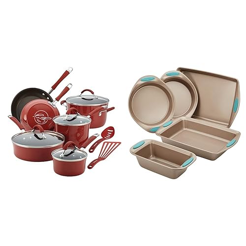 Rachael Ray Cucina Nonstick Cookware Pots and Pans Set, 12 Piece, Cranberry Red & Cucina Bakeware Set Includes Nonstick Bread Baking Cookie Sheet and Cake Pans, 5 Piece - Cookware Set + Bakeware Set, 5 Piece - Cranberry Red