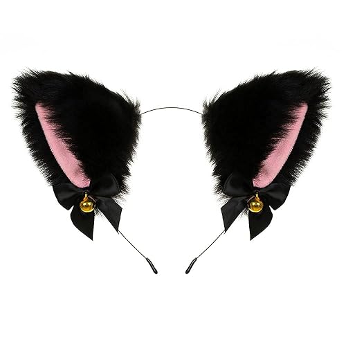 Cat Ears Headband For Women & Girls - Faux Fur Ears With Bells, Perfect For Cosplay & Birthday Party - Black Ears & Pink #1