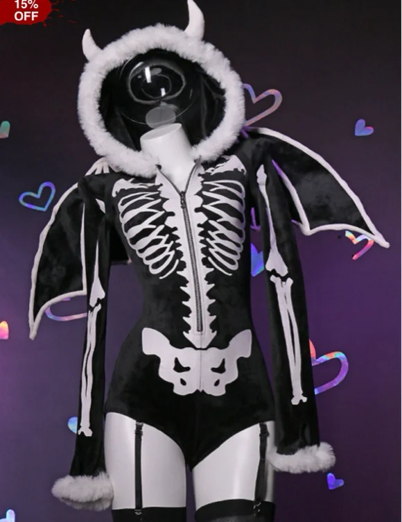 Sexy Lingerie Skeleton Bodysuit Gothic Skull Style Romper and Wings with Thigh Socks and Garters