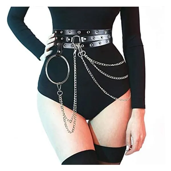 Nicute Punk Waist Belt Chain Leather Black Belly Chains Layered Goth Body Accessories for Women and Girls